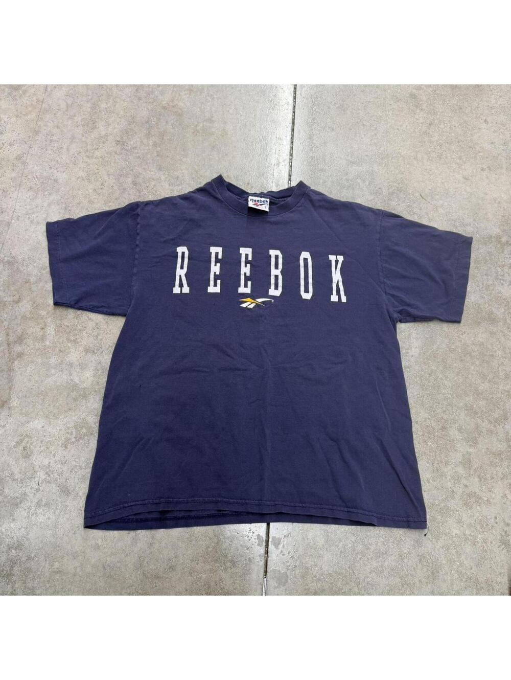 vintage reebok navy spell out made in usa big logo shirt size large